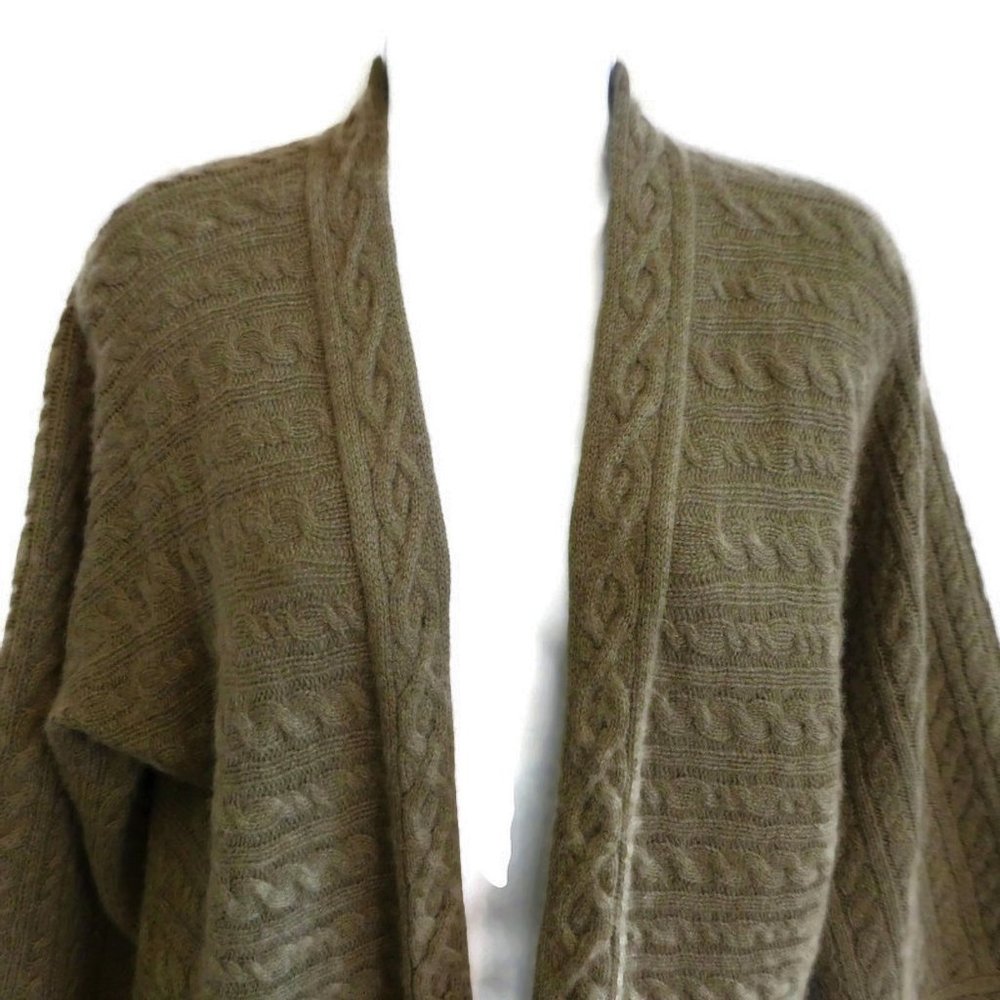 Kenar Pure Cashmere Cardigan 3D Cable Knit Green Open Front Wide Bell Sleeves M - Picture 6 of 8